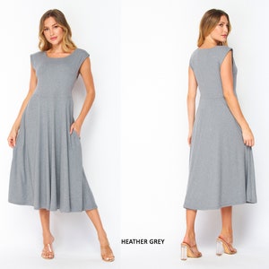 Buttery Soft Short Sleeve Midi Dress with Pockets / Available in Plus size Heather Grey