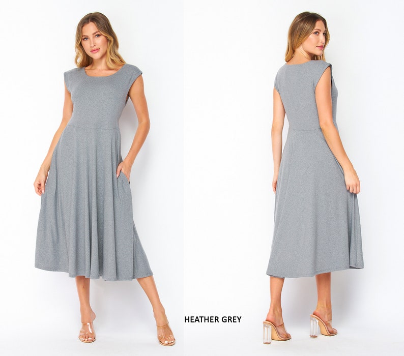 Buttery Soft Short Sleeve Midi Dress with Pockets / Available in Plus size Heather Grey