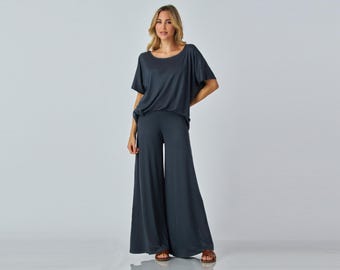 Buttery Soft Palazzo Lounge Set, Wide Leg Pants & Relaxed Top - Custom Made in USA