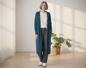 Hooded French Terry Duster Cardigan with Pockets | Custom Length | Handmade in Los Angeles