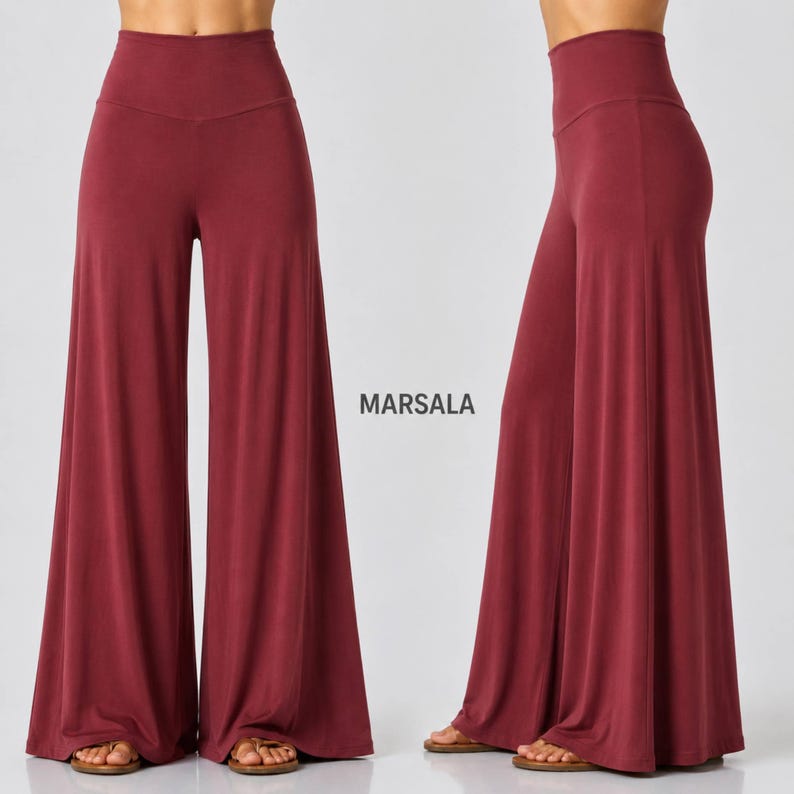 Puede incluir: Pantalones de tiro alto y pernera ancha en un color rojo marsala s&oacute;lido. La prenda presenta una cintura lisa y ajustada con una silueta holgada y fluida que llega hasta el suelo. El texto MARSALA aparece impreso en el centro entre las dos vistas.