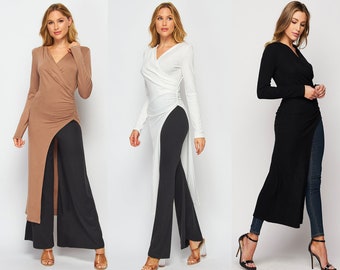 Asymmetrische tuniekjurk met ruches in de taille en lange mouwen - op maat gemaakt