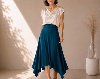 Handkerchief Midi Skirt | Ruched Waist, Asymmetrical Hem, Custom Length Petite, Tall, Plus