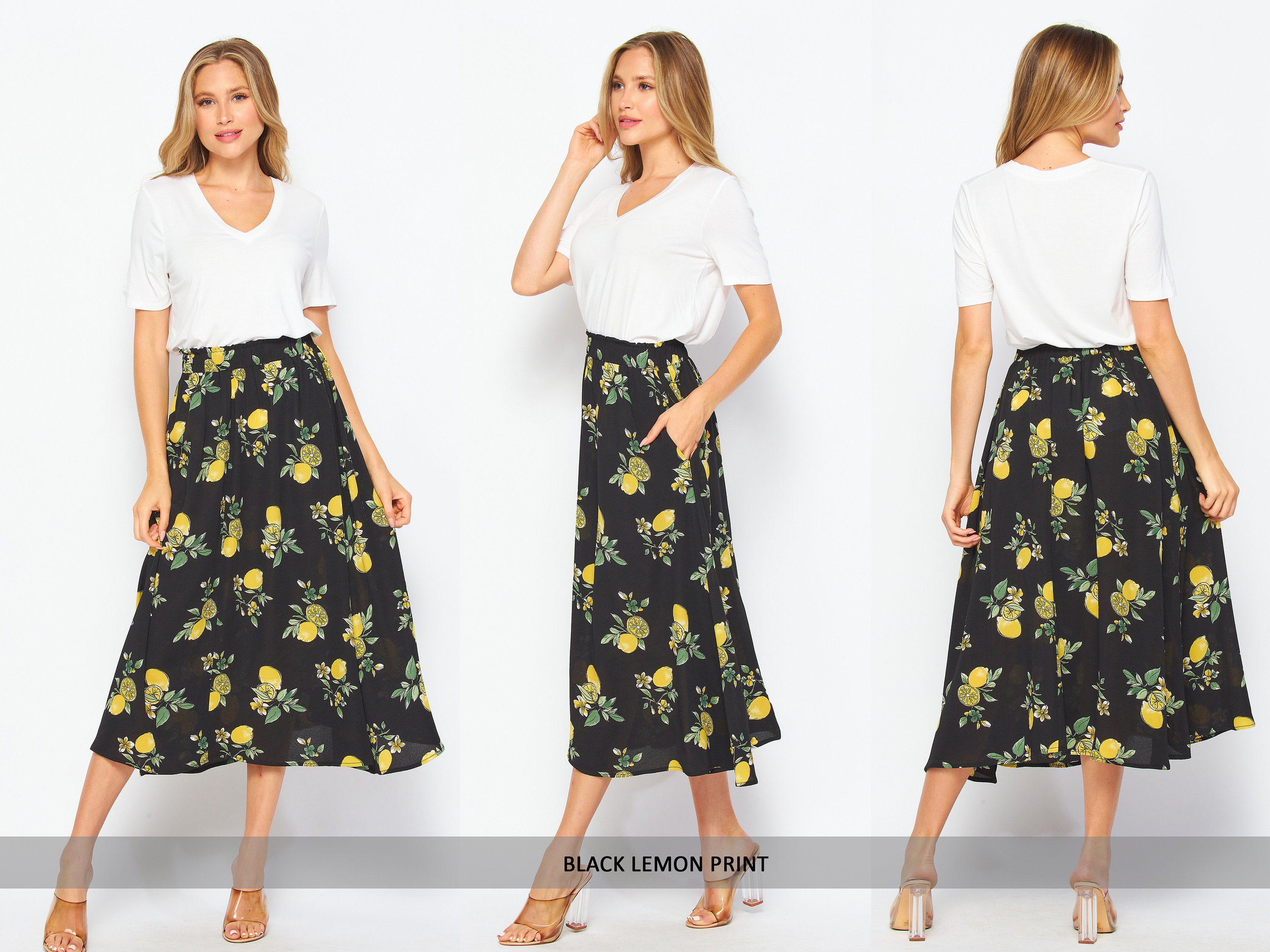 Printed Woven Midi Flared Skirt With Pockets / Paper Bag