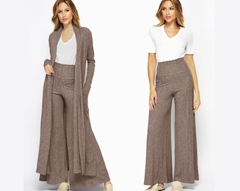 Cable Ribbed Knit Duster & Palazzo Lounge Set – Custom Length, Plus Size, Petite, Tall, Handmade