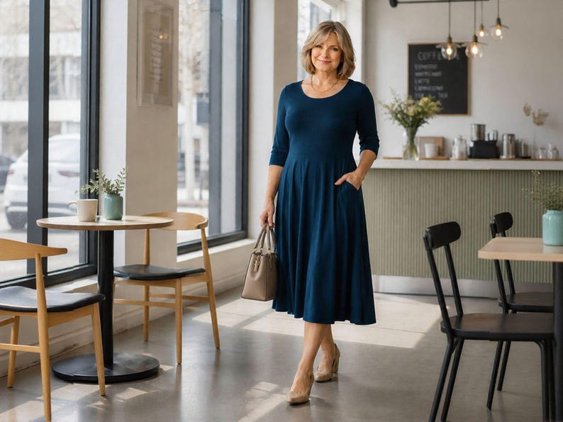 Op de afbeelding: Een vrouw draagt een donkerblauwe, knielange jurk met driekwart mouwen en zakken. Ze houdt een lichtbruine handtas vast en draagt beige hakken. De setting is een caf&eacute; met tafels en stoelen.