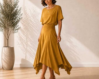 Two Piece Hanky Hem Skirt Set | Oversized Top, Jersey Knit, Custom Length