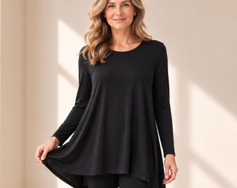Black Siro Modal Tunic Top, Flowy A-Line, Long Sleeve, Petite Tall Plus Size