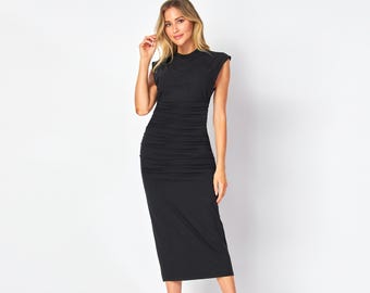 Handmade Black Ruched Shirring Midi Dress – Custom Length, Hande made in USA
