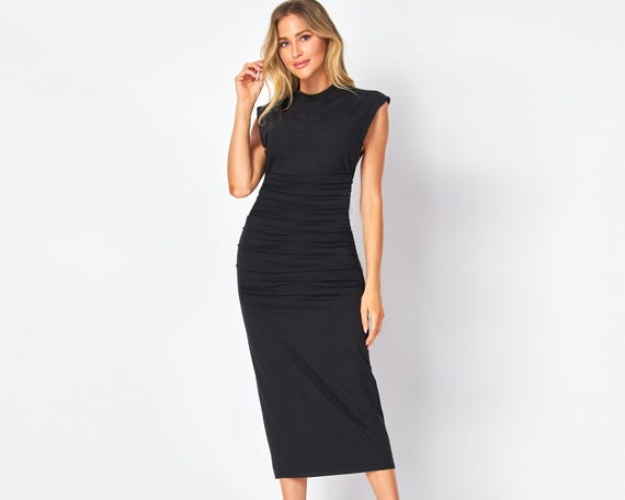 black midi dress ruched Mac Duggal 26527 Long One Shoulder Evening Gown main image 1