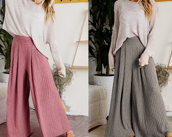 Upcycled High-Rise Wide Leg Knit Sweater Palazzo Pants with Pockets, Light Weight, Cable Knit, Plus Size Wide Leg, Tall Women Pants
