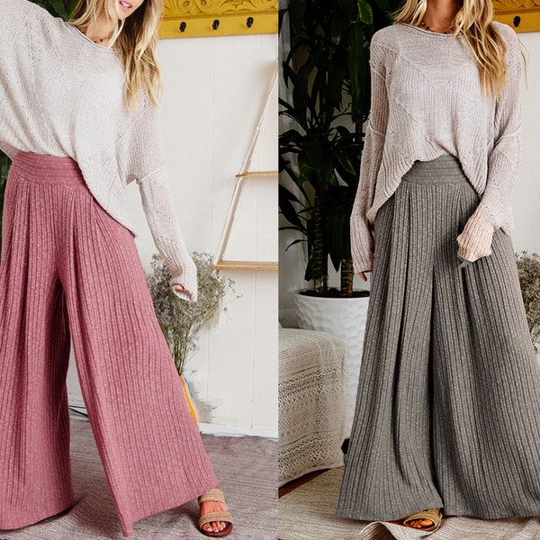 Upcycled High-Rise Wide Leg Knit Sweater Palazzo Pants with Pockets, Light Weight, Cable Knit, Plus Size Wide Leg, Tall Women Pants