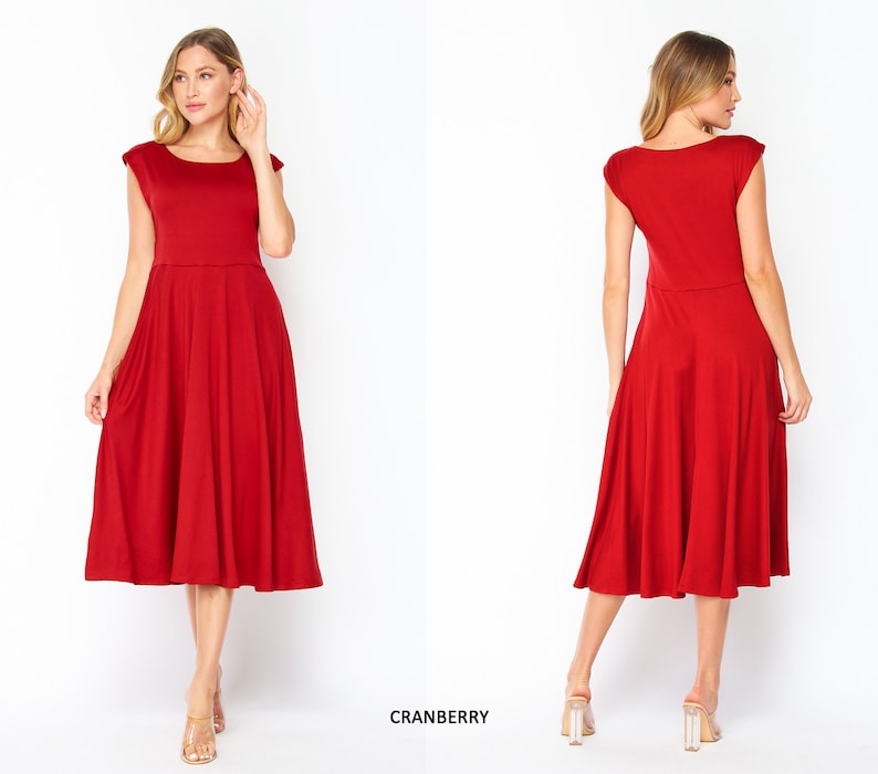 Buttery Soft Short Sleeve Midi Dress with Pockets / Available in Plus size Cranberry