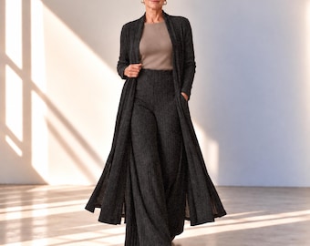 Cable Ribbed Knit Duster & Palazzo Lounge Set – Custom Length, Plus Size, Petite, Tall, Handmade