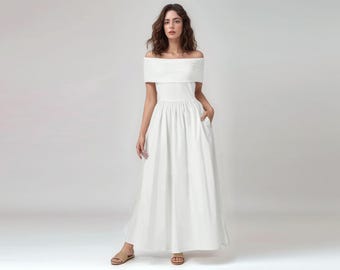 Off-Shoulder Maxi Dress: Custom Length Cotton Summer Dress - Handmade to order
