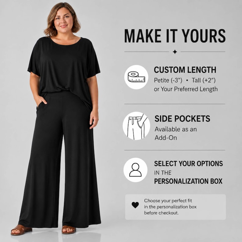Puede incluir: Un mono negro con cuello redondo y pantalones de pierna ancha. El texto dice: MAKE IT YOURS, CUSTOM LENGTH Petite (-7,6 cm) Tall (+5,1 cm), SIDE POCKETS Available as an Add-On, SELECT YOUR OPTIONS IN THE PERSONALIZATION BOX.