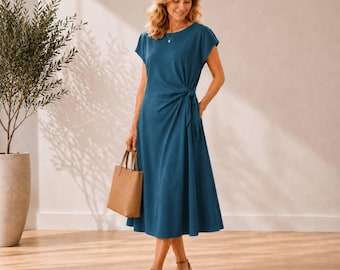 Faux Tie Front Midi Dress with Pockets – CUstom Fit, Flowy, Minimalist, Made in USA