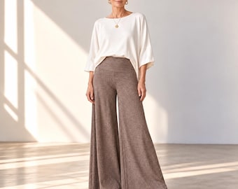 Custom Inseam Sweater Rib Palazzo Pants – Petite, Tall, Wide Leg Travel Pants