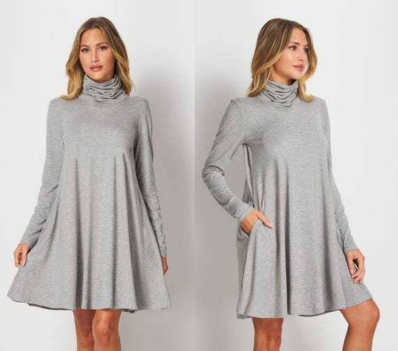 Custom Shirred Turtleneck Tunic Dress with Pockets – Petite, Plus, Tall –  Free Sleeve Customization Handmade in USA
