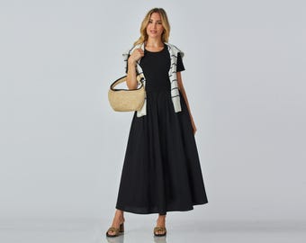Cotton Maxi Dress with Pockets: Handmade Lined Mixed Media Dress