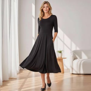 knee length dresses for ladies Black Midi Dress with Pockets – Classic Stretch Fit