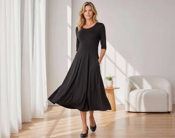 Travel Friendly Wrinkle Free Flowy Midi Dress with Pockets, Custom Length