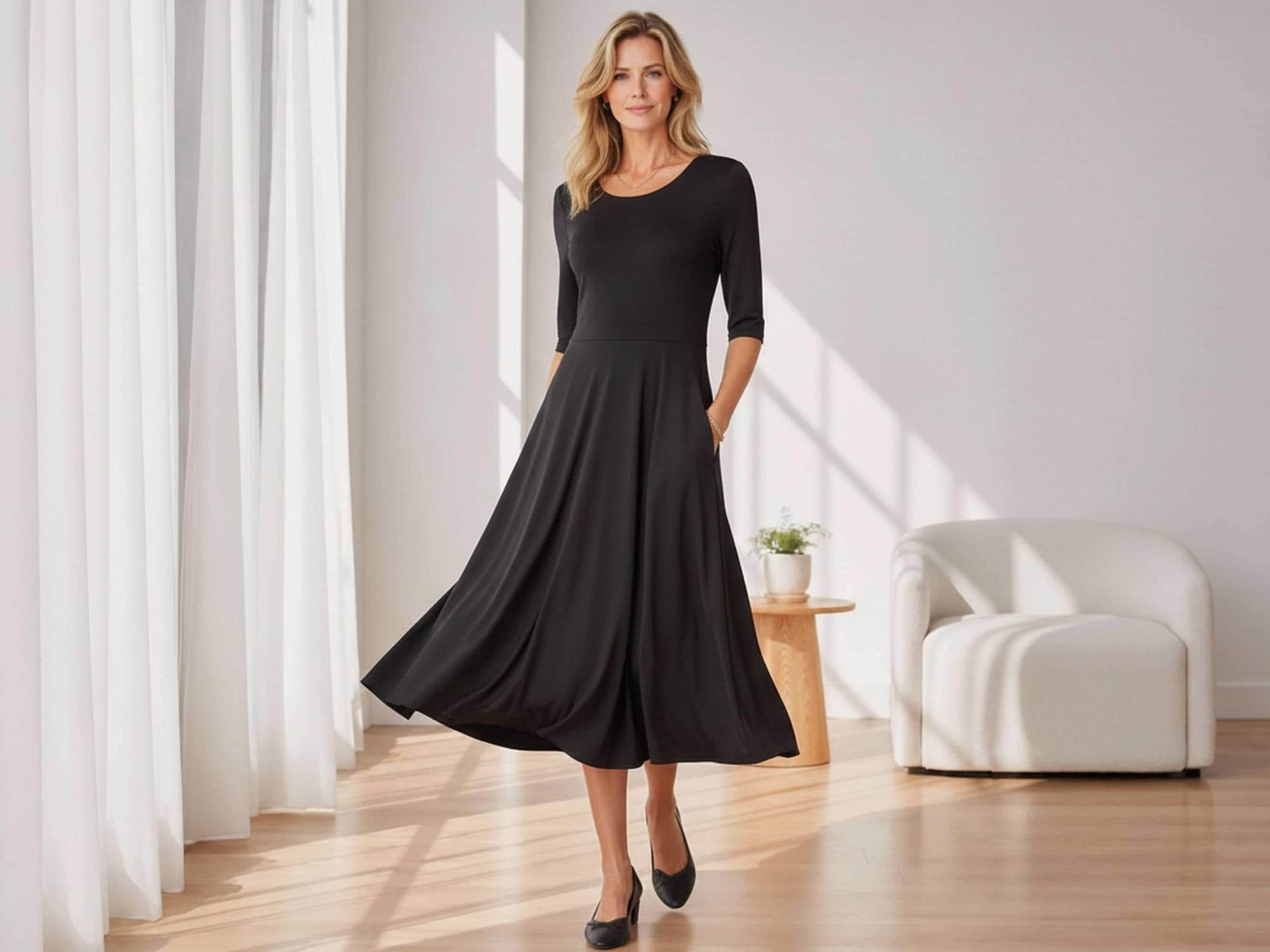 navy blue dress for baby girl Solid Color Cinched Waist Midi Dress for Women Mid-Calf Length – Anna-Kaci main image 0