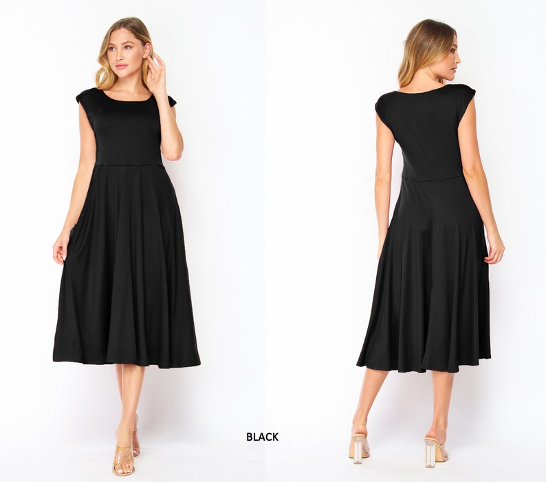 Buttery Soft Short Sleeve Midi Dress with Pockets / Available in Plus size Black