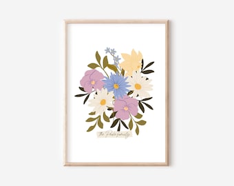 Puede incluir: Un cuadro enmarcado con una ilustración floral que presenta un ramo de flores estilizadas en tonos morados, azules, amarillos y blancos, con hojas verdes. El texto "the Peake family" está en la parte inferior. La obra está sobre un fondo blanco.
