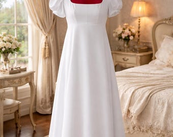 White Cotton Regency Dress: Jane Austen Style Empire Gown