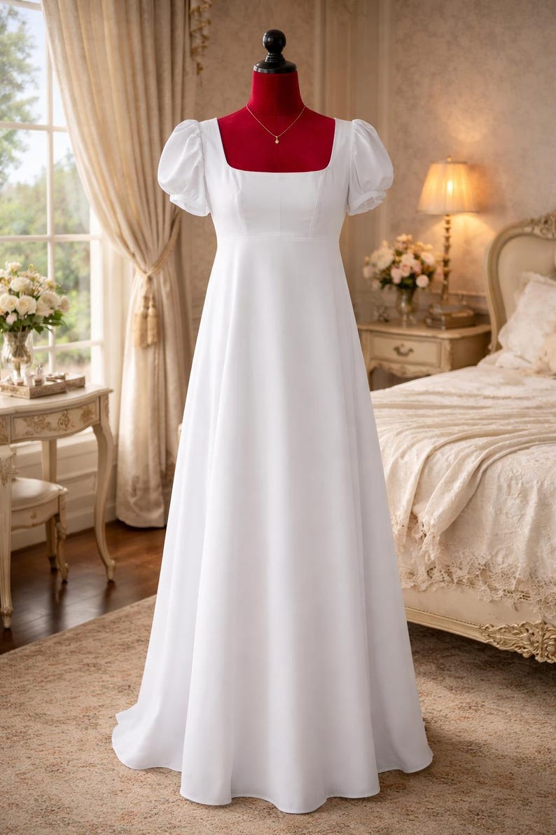 White Cotton Regency Dress Jane Austen Style Empire Gown
