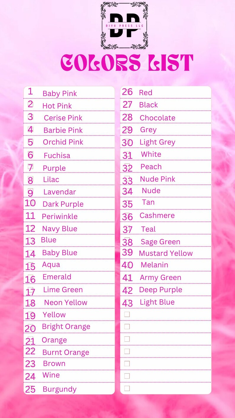 Może przedstawiać: R&oacute;żowo-biała grafika z listą kolor&oacute;w i tekstem &bdquo;LISTA KOLOR&Oacute;W&rdquo; oraz logo. Lista zawiera 43 nazwy kolor&oacute;w, takie jak Baby Pink, Hot Pink i Red. Tło to gradient r&oacute;żu.