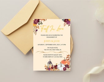 Pode incluir: Um convite de noivado com tema de outono com letras douradas que dizem "Fall In Love". O convite anuncia o noivado de John & Jane e inclui a data, a hora e o local do evento. O convite é decorado com ilustrações de aquarela de folhas de outono, abóboras e uma lanterna.