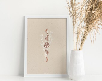 Könnte beinhalten: Ein weißer gerahmter Druck mit beigefarbenem Hintergrund, der eine stilisierte Illustration eines Blumenstraußes mit einem Halbmond-Design in Brauntönen zeigt.