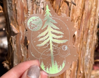 Clear Pine Tree & Moon Sticker: Waterproof Vinyl Laptop Decal