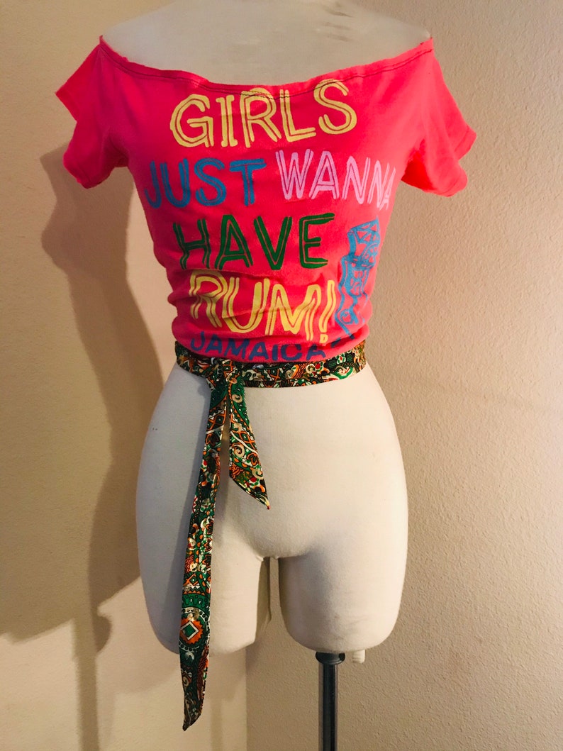 FUNKY \u201cGirls Just Want To Have Rum Jamaica\u201d REVAMPEDUPCYCLE hot pink logo t shirt.