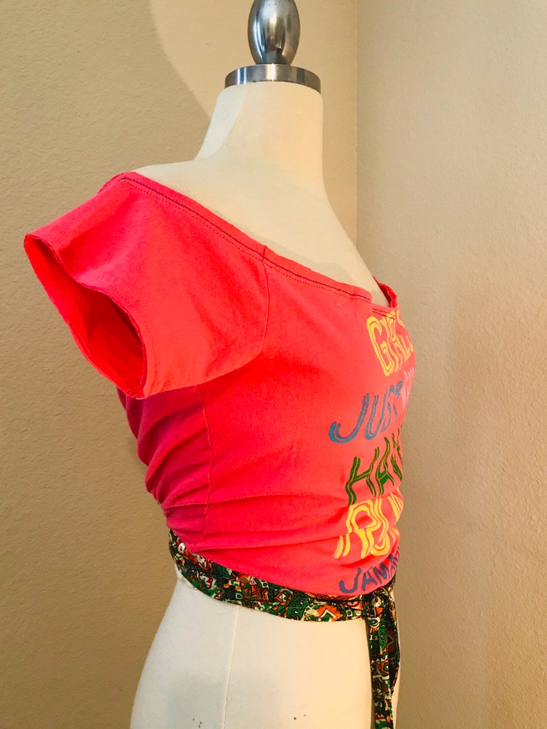 FUNKY \u201cGirls Just Want To Have Rum Jamaica\u201d REVAMPEDUPCYCLE hot pink logo t shirt.