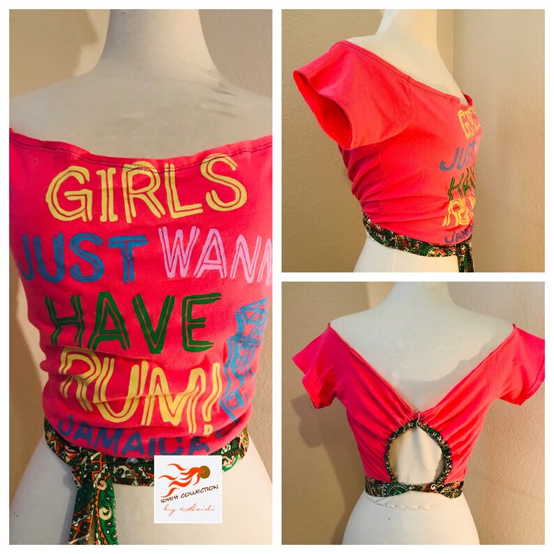 FUNKY \u201cGirls Just Want To Have Rum Jamaica\u201d REVAMPEDUPCYCLE hot pink logo t shirt.