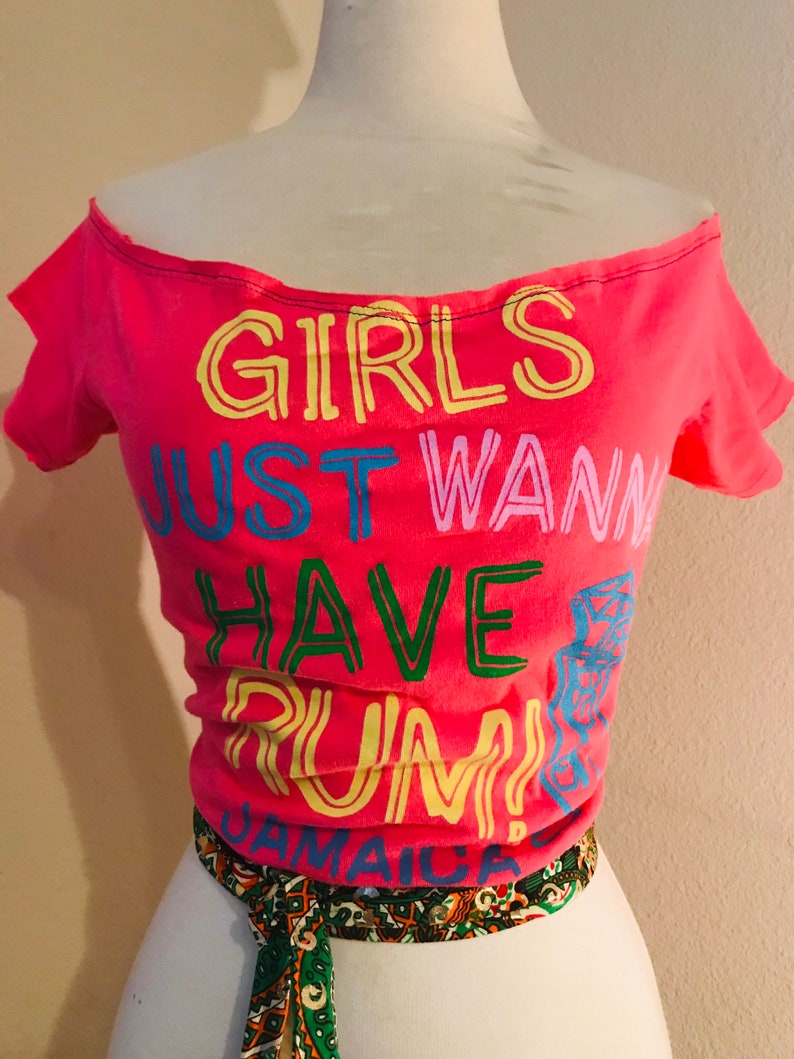 FUNKY \u201cGirls Just Want To Have Rum Jamaica\u201d REVAMPEDUPCYCLE hot pink logo t shirt.