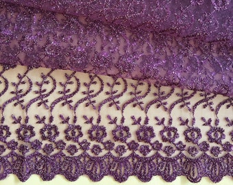 Lace, Purple embroidered lace with metallic thread, 1.5 metre piece