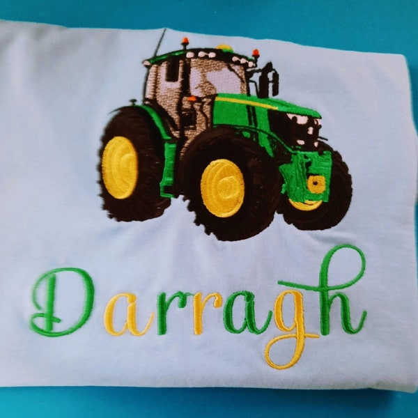 Children's Personalised Tractor Trailer T Shirt | Embroidered | Girl's or Boy's Farm Personalised T Shirt | Perfect Birthday Gift