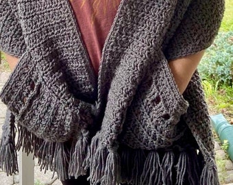 Easy womens scarf pattern, crochet wrap pattern easy, Boho crochet shawl with pockets and fringe, shawl pattern, crochet for women, PDF, DIY