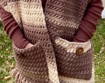 Patrón de bufanda fácil para mujer, patrón de chal de crochet fácil, chal de crochet bohemio con bolsillos y flecos, patrón de chal, crochet para mujeres, PDF, bricolaje