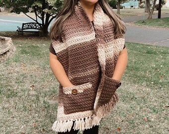 Easy crochet shawl pattern, crochet wrap with pockets, womens scarf pattern, Boho crochet shawl with fringe, crochet patterns for women, PDF