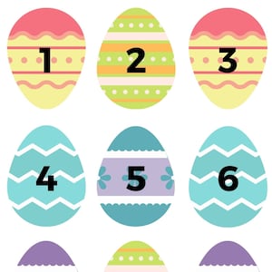 May include: Nine colorful Easter eggs with numbers 1 through 9 on them. The eggs are decorated with different patterns, including polka dots, stripes, and flowers.