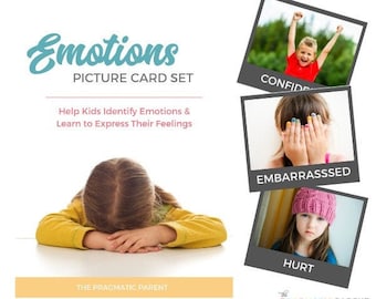 May include: A set of picture cards featuring children expressing different emotions, including confident, embarrassed, and hurt. The cards are part of a set designed to help kids identify emotions and learn to express their feelings. The text "Emotions Picture Card Set" is at the top of the image.