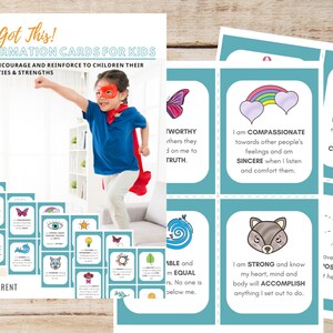 May include: A set of 24 affirmation cards for children, featuring colourful illustrations and positive messages. The cards cover a range of themes, including self-esteem, compassion, and resilience. They are designed to inspire, encourage, and reinforce children's natural abilities and strengths.