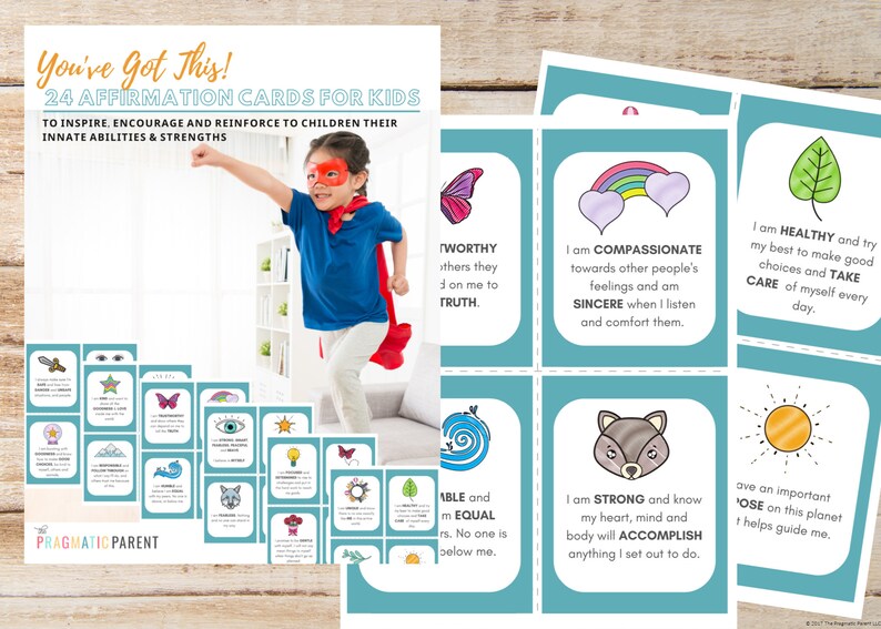 May include: A set of 24 affirmation cards for children, featuring colourful illustrations and positive messages. The cards cover a range of themes, including self-esteem, compassion, and resilience. They are designed to inspire, encourage, and reinforce children's natural abilities and strengths.