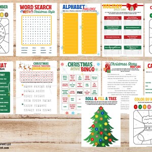 Op de afbeelding: Een set met printbare kerstactiviteitenbladen voor kinderen. De bladen bevatten een verscheidenheid aan activiteiten, zoals woordzoekers, kleurplaten, bingo en mad libs. De bladen zijn versierd met feestelijke kerstkleuren en -afbeeldingen.