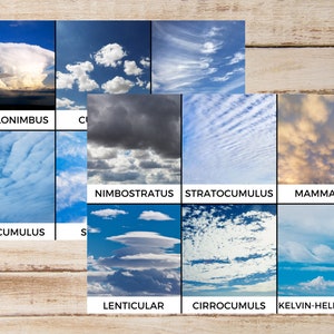 12 Wolkentyp 3-teilige Montessori-Karten, Wolkenkarten für Kinder, Wolkenkarten, Montessori-Karten für Kinder, dreiteilige Karten, Wolken-Karteikarten